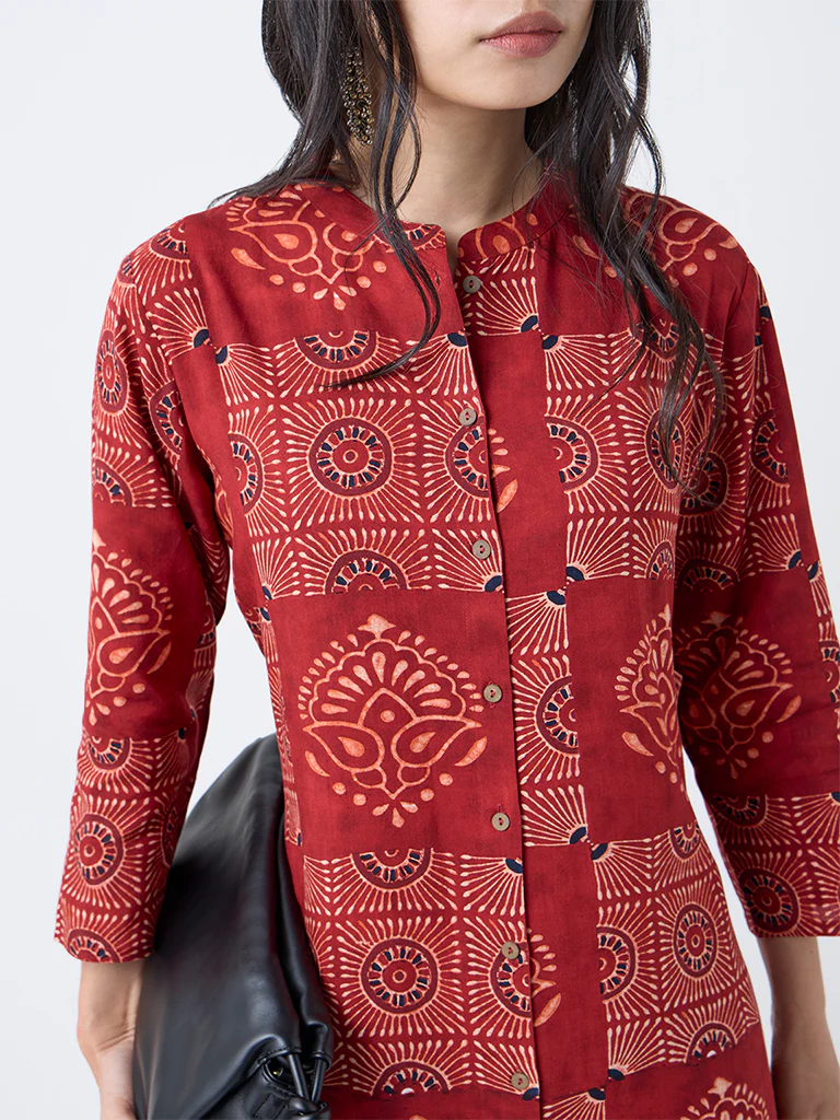 Utsa Red Printed A-Line Kurta - Image 3