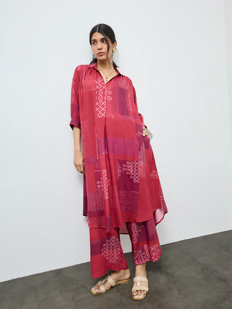 Utsa Red Printed A-Line Kurta - Image 2