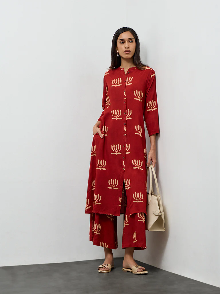 Utsa Red Printed A-Line Kurta - Image 2