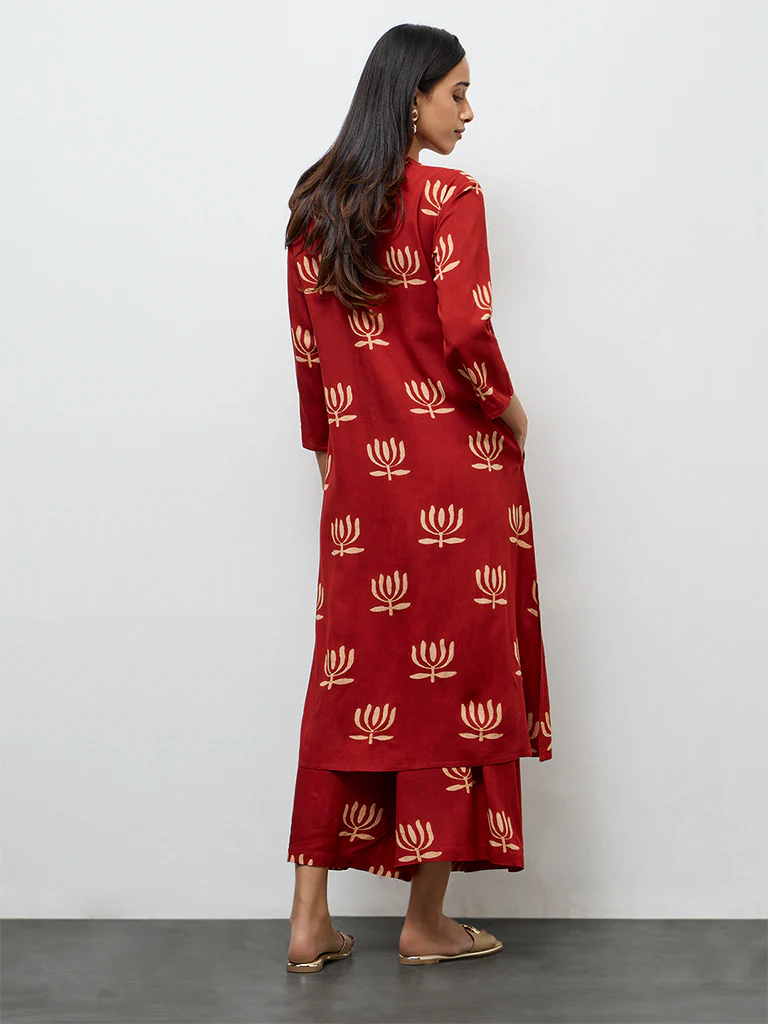 Utsa Red Printed A-Line Kurta - Image 4