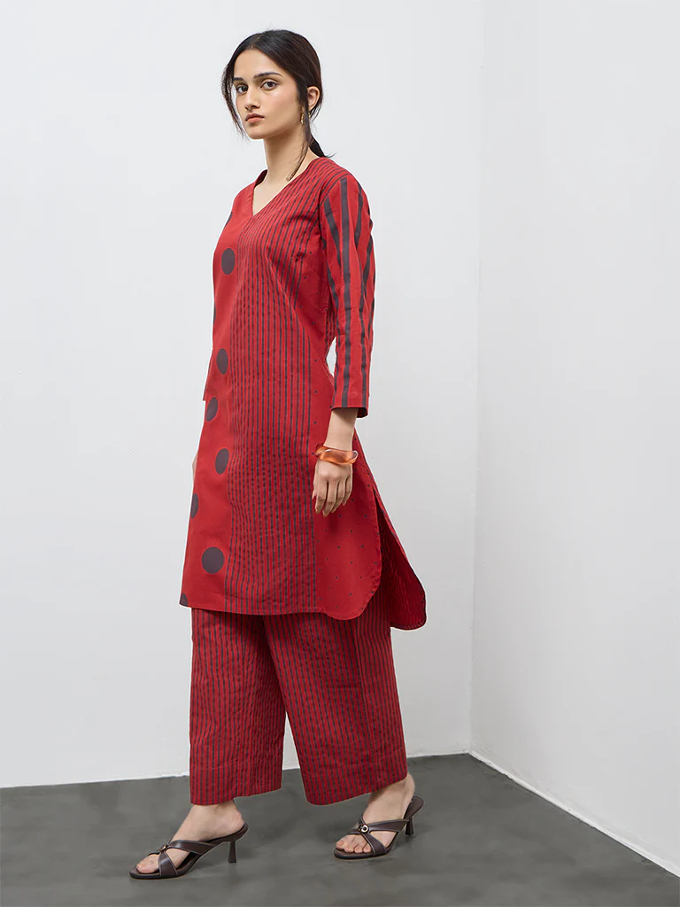 Utsa Red Printed Cotton-Blend A-Line Kurta - Image 2