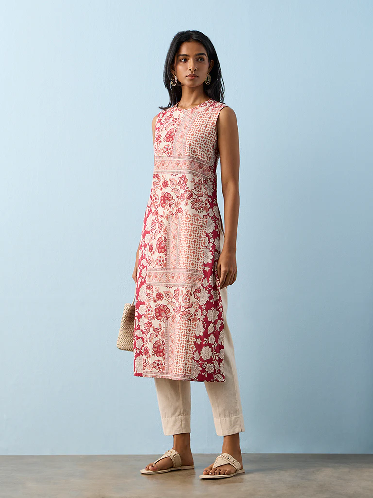 Utsa Red Printed Cotton-Blend A-Line Kurta