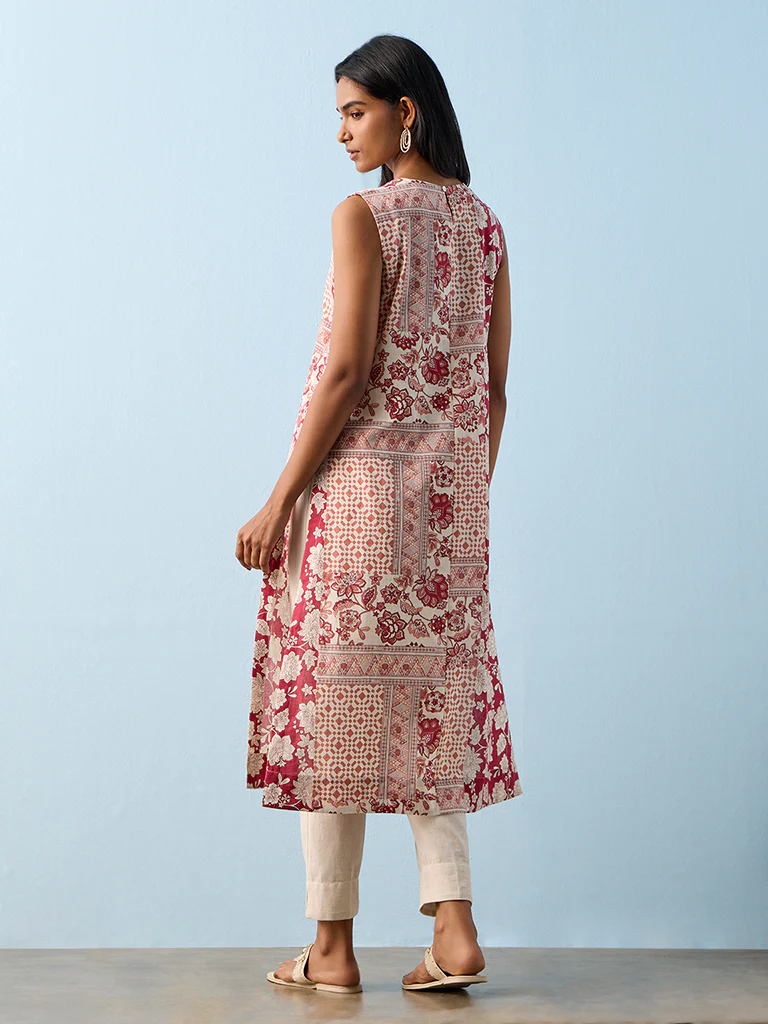 Utsa Red Printed Cotton-Blend A-Line Kurta - Image 4