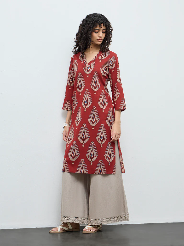 Utsa Red Printed Straight Cotton Kurta