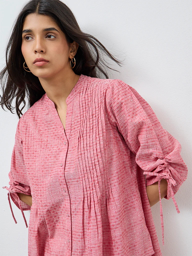 Utsa Red Self-Patterned Cotton Tunic - Image 3