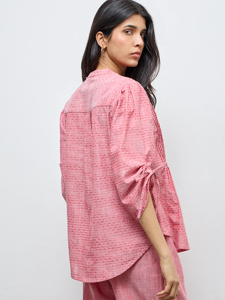Utsa Red Self-Patterned Cotton Tunic - Image 4