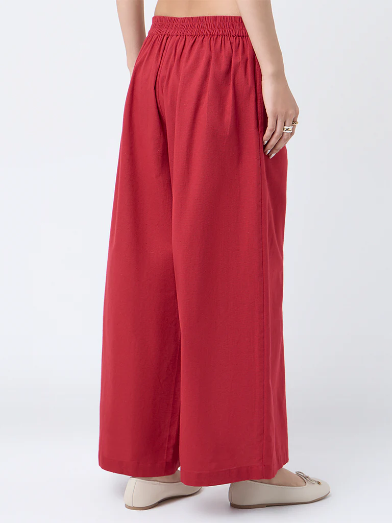 Utsa Red Solid Cotton-Blend Palazzos - Image 4