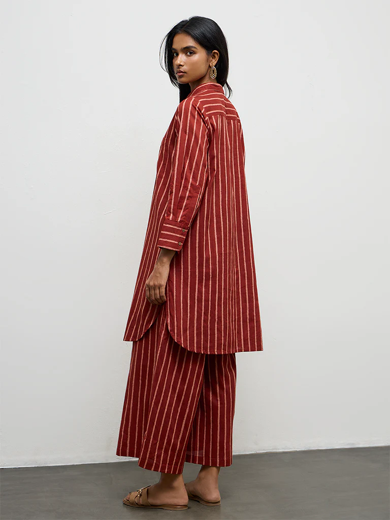 Utsa Red Striped Cotton A-Line Kurta - Image 4