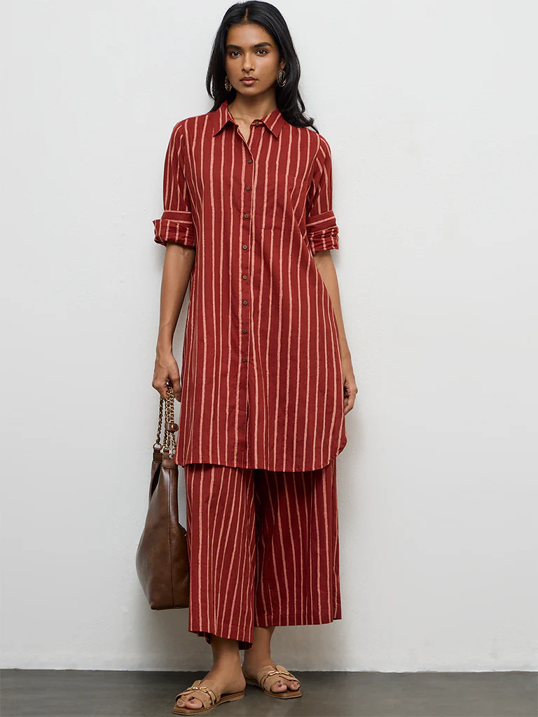 Utsa Red Striped Cotton Pants - Image 2
