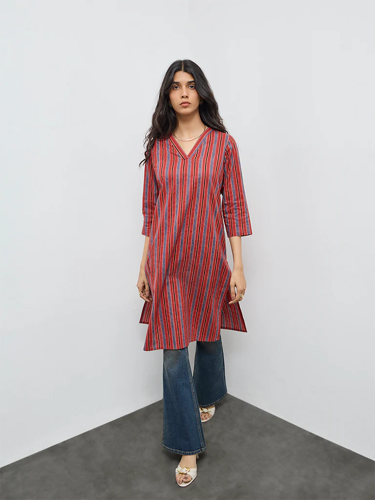 Utsa Red Striped Cotton Straight Kurta - Image 2