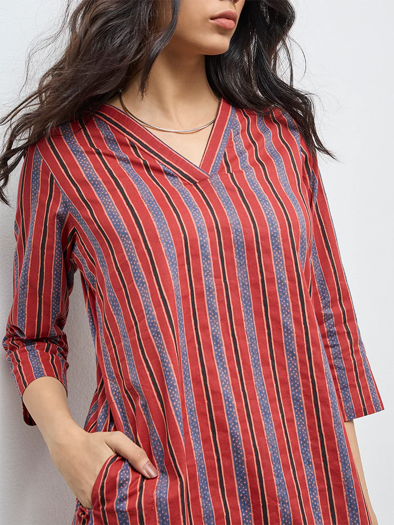 Utsa Red Striped Cotton Straight Kurta - Image 3
