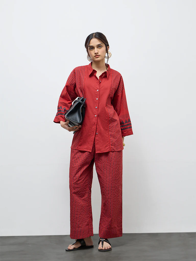 Utsa Red Striped Cotton Tunic