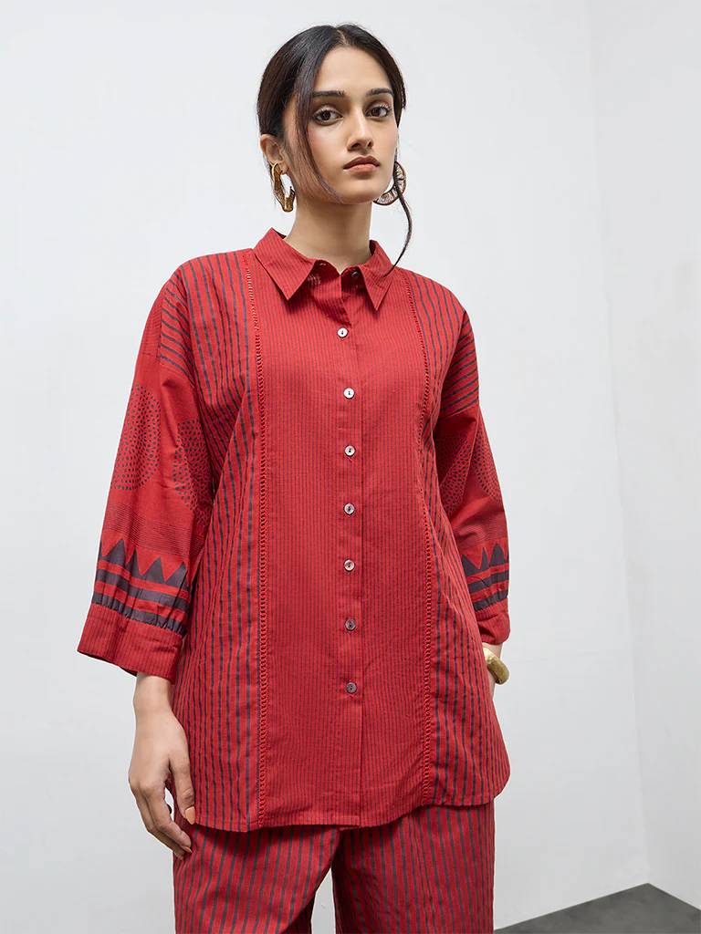 Utsa Red Striped Cotton Tunic - Image 2