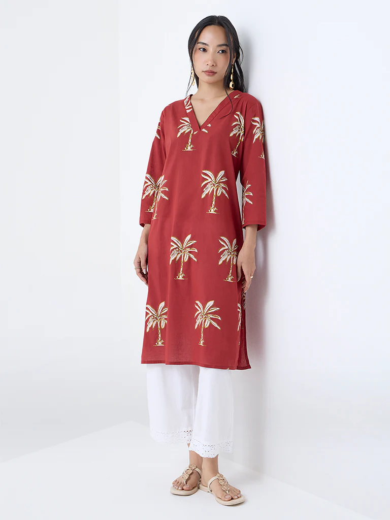 Utsa Red Tropical-Inspired Straight Cotton Kurta