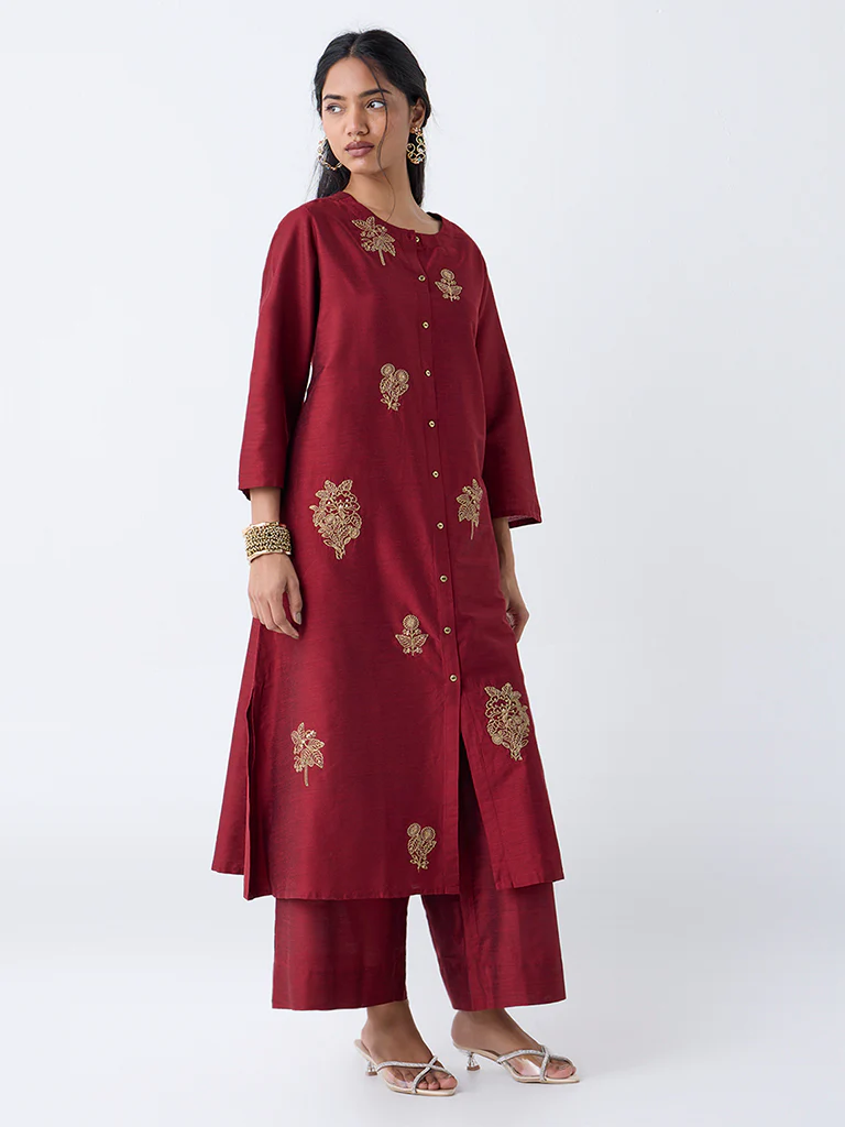 Utsa Red Zari Embroidered A-Line Kurta