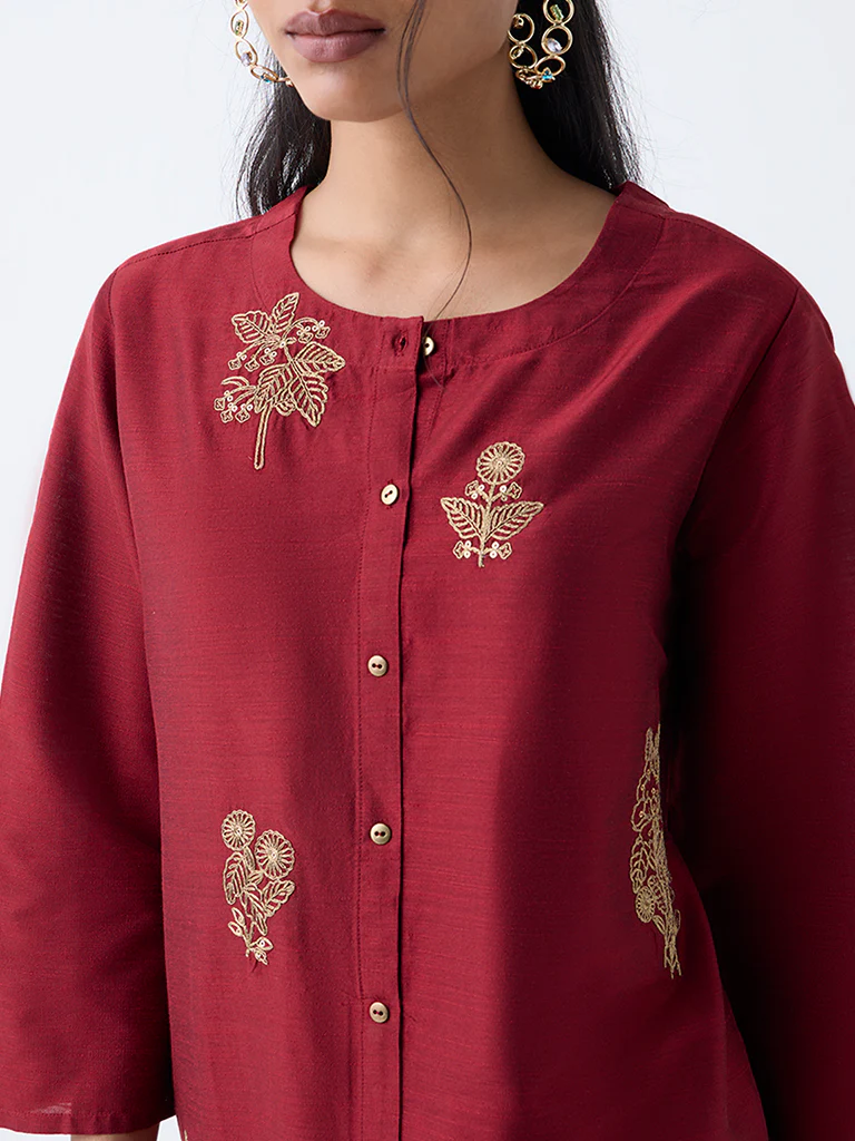 Utsa Red Zari Embroidered A-Line Kurta - Image 3