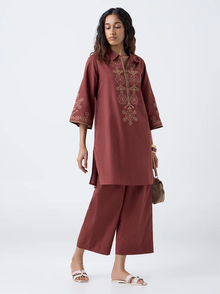 Utsa Rust Floral Embroidered Cotton-Blend A-Line Kurta