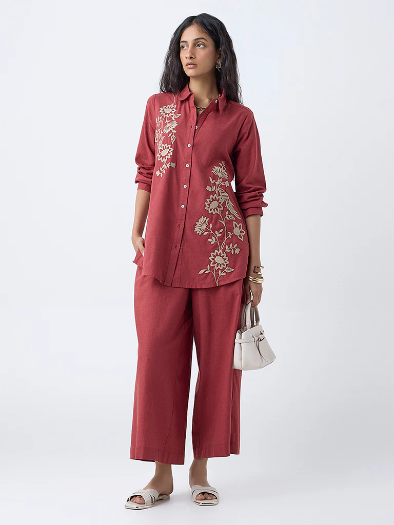 Utsa Rust Floral Embroidered Cotton Tunic - Image 2