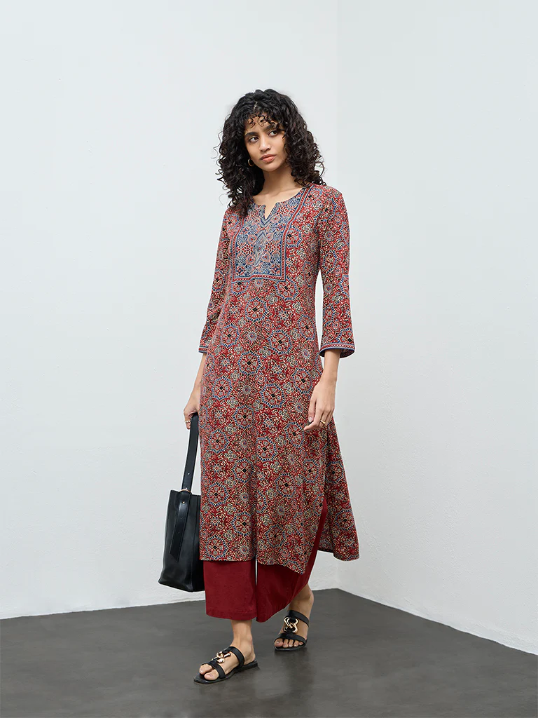 Utsa Rust Floral Printed Cotton A-Line Kurta