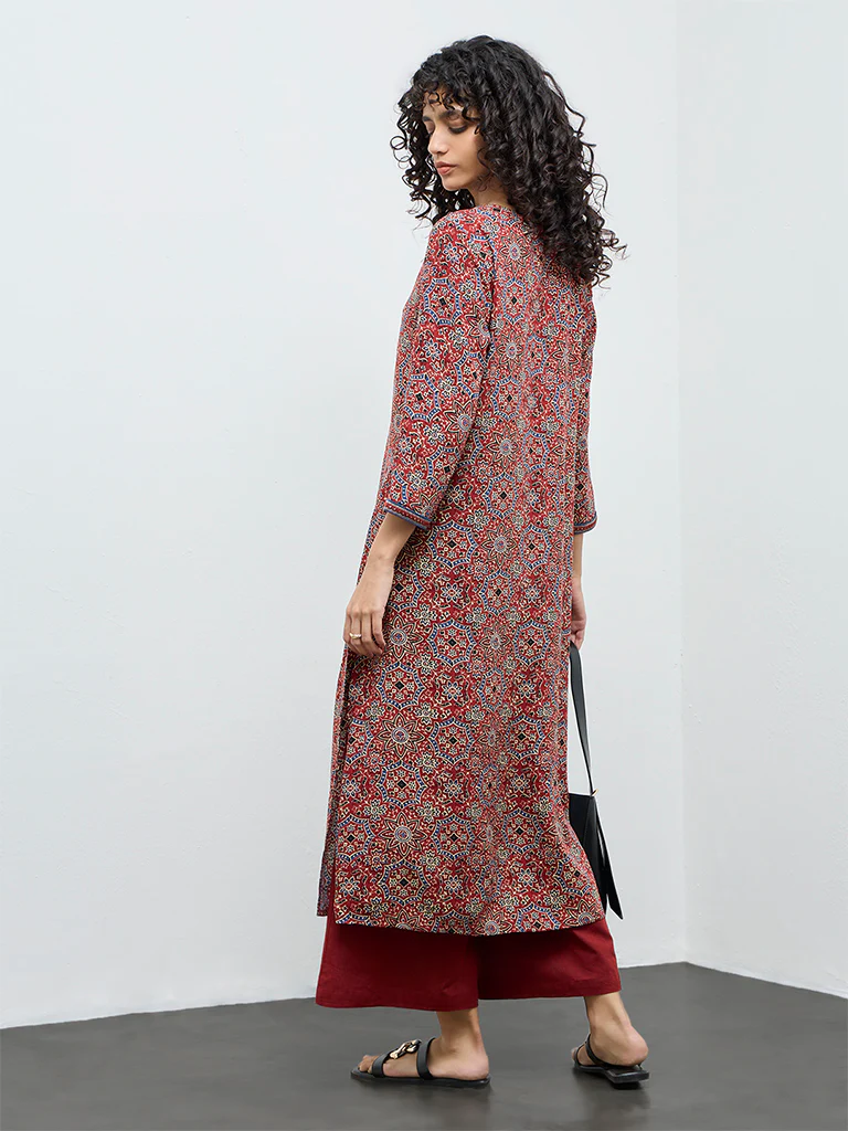 Utsa Rust Floral Printed Cotton A-Line Kurta - Image 4
