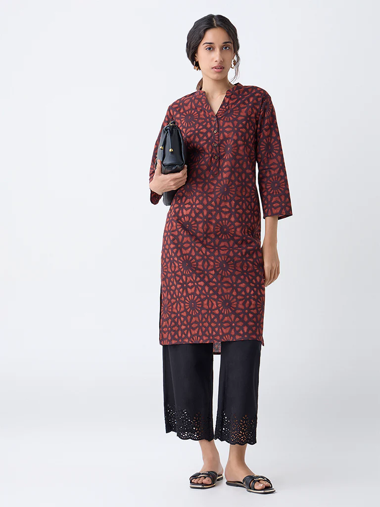 Utsa Rust Geometric Printed Straight Cotton Kurta