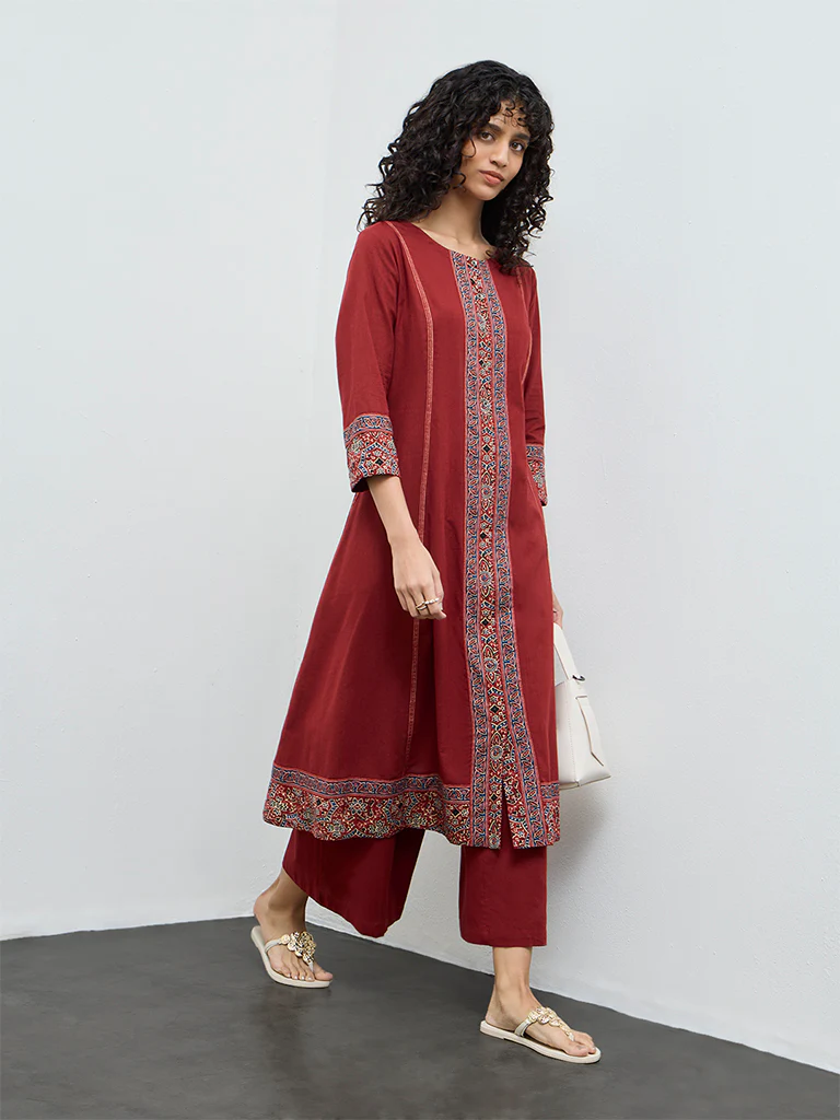 Utsa Rust Piping Detailed Cotton Anarkali Kurta
