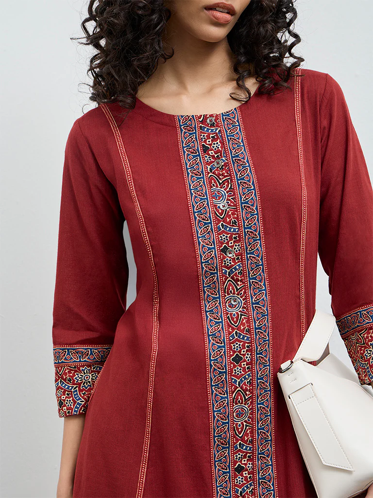 Utsa Rust Piping Detailed Cotton Anarkali Kurta - Image 3