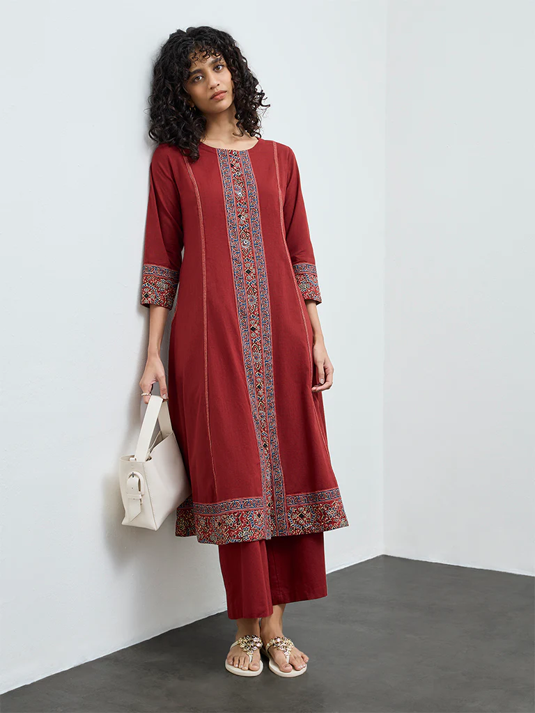 Utsa Rust Solid Mid-Rise Cotton-Blend Palazzos - Image 2