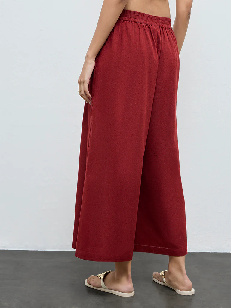 Utsa Rust Solid Mid-Rise Cotton-Blend Palazzos - Image 4