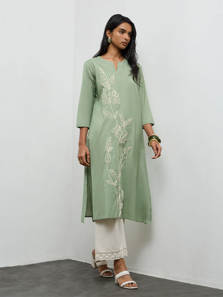 Utsa Sage Floral Embroidered Cotton-Blend A-Line Kurta - Image 2