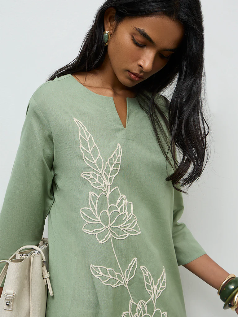 Utsa Sage Floral Embroidered Cotton-Blend A-Line Kurta - Image 3