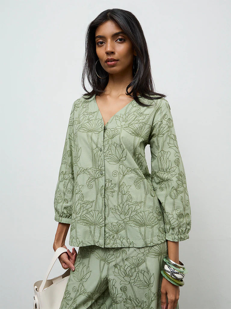 Utsa Sage Floral Embroidered Cotton Tunic