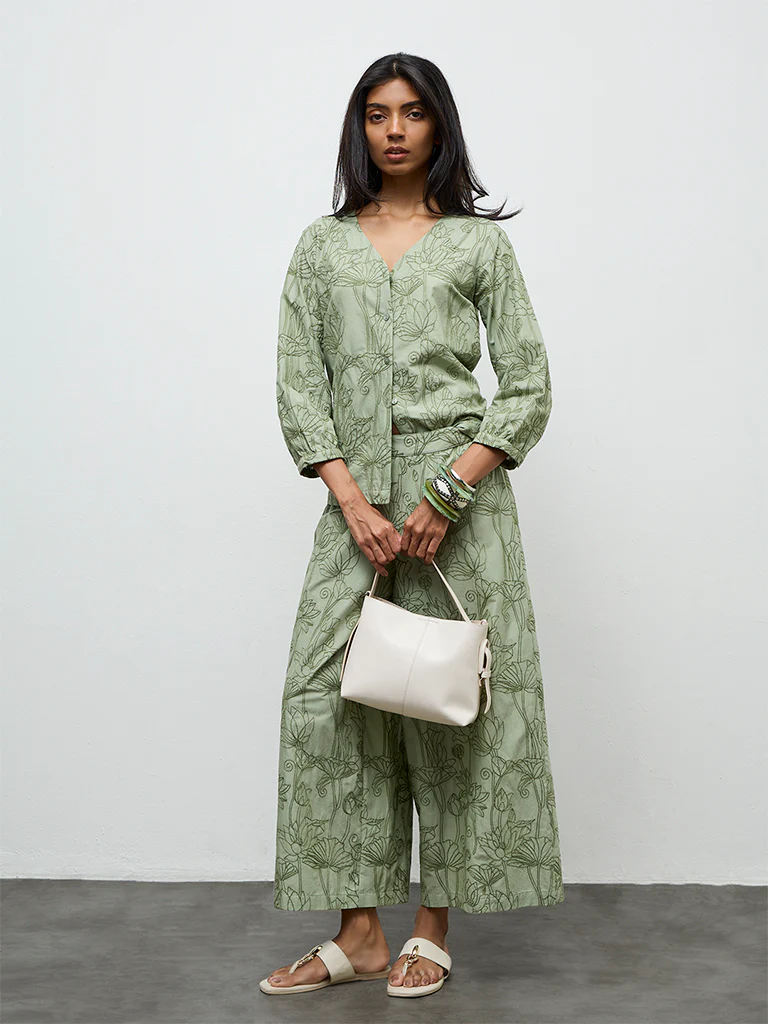 Utsa Sage Floral Embroidered Cotton Tunic - Image 2