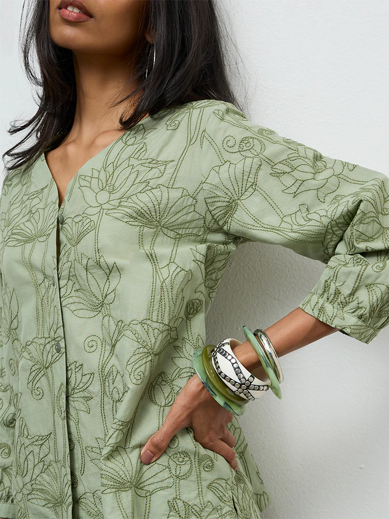 Utsa Sage Floral Embroidered Cotton Tunic - Image 3