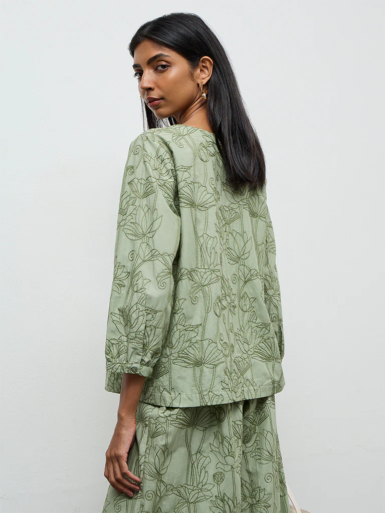 Utsa Sage Floral Embroidered Cotton Tunic - Image 4
