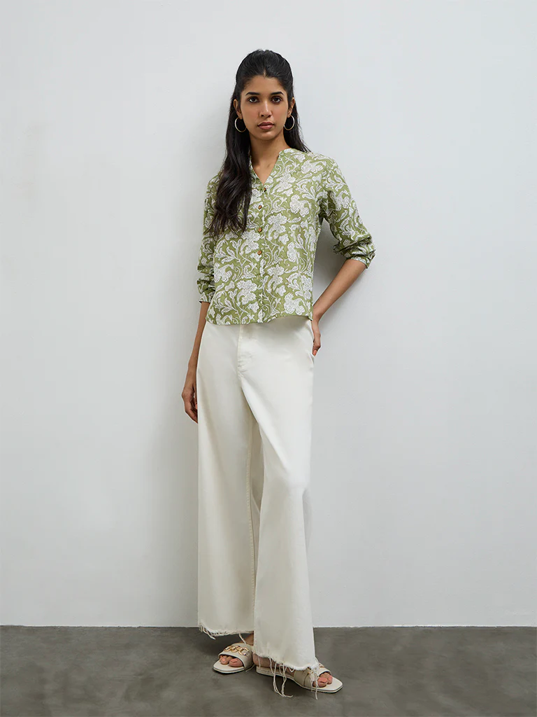 Utsa Sage Floral Pattern Cotton Tunic