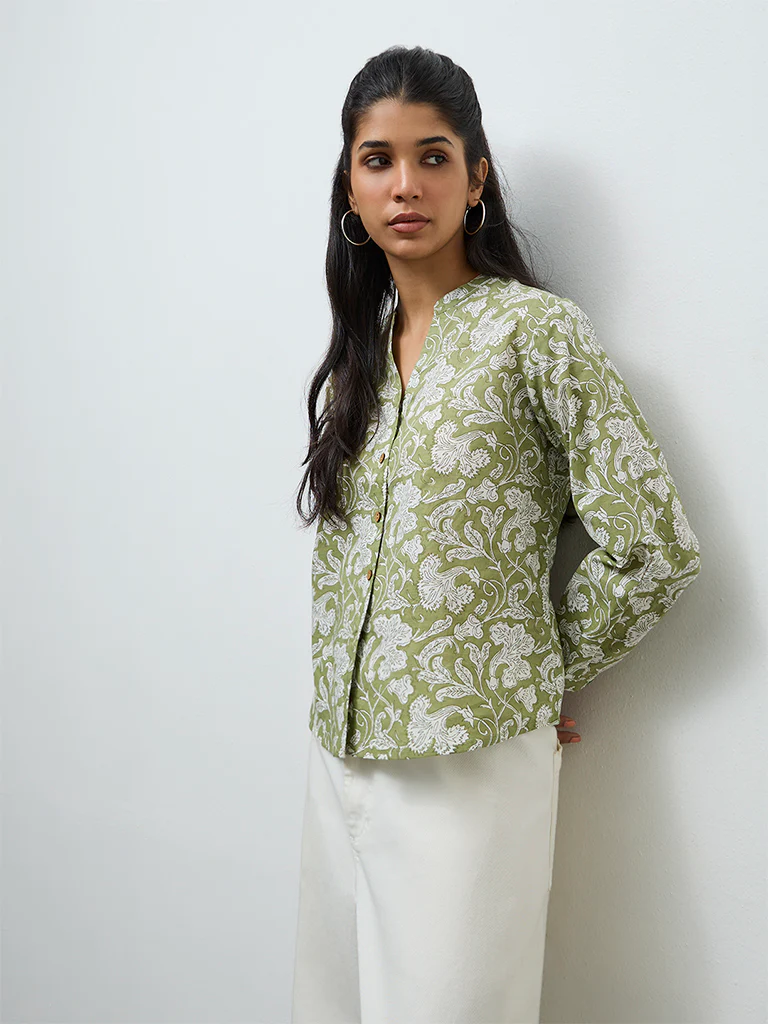 Utsa Sage Floral Pattern Cotton Tunic - Image 2