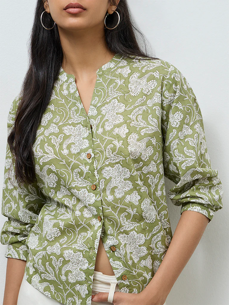 Utsa Sage Floral Pattern Cotton Tunic - Image 3