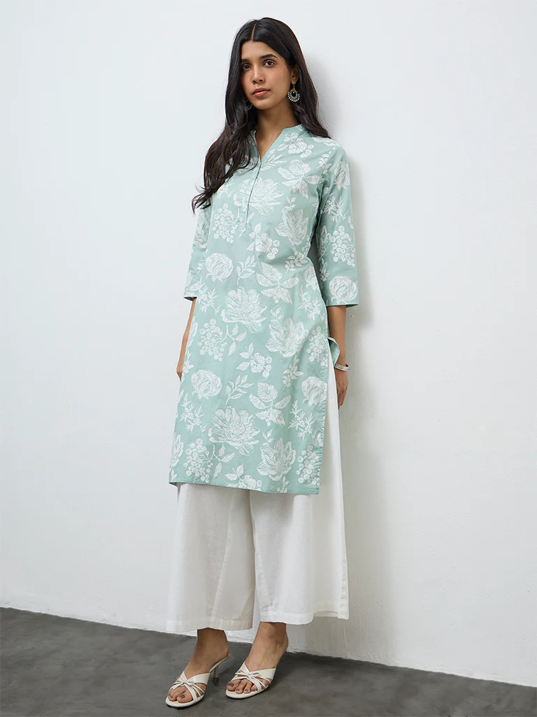 Utsa Sage Floral Printed Cotton Straight Kurta - Image 2