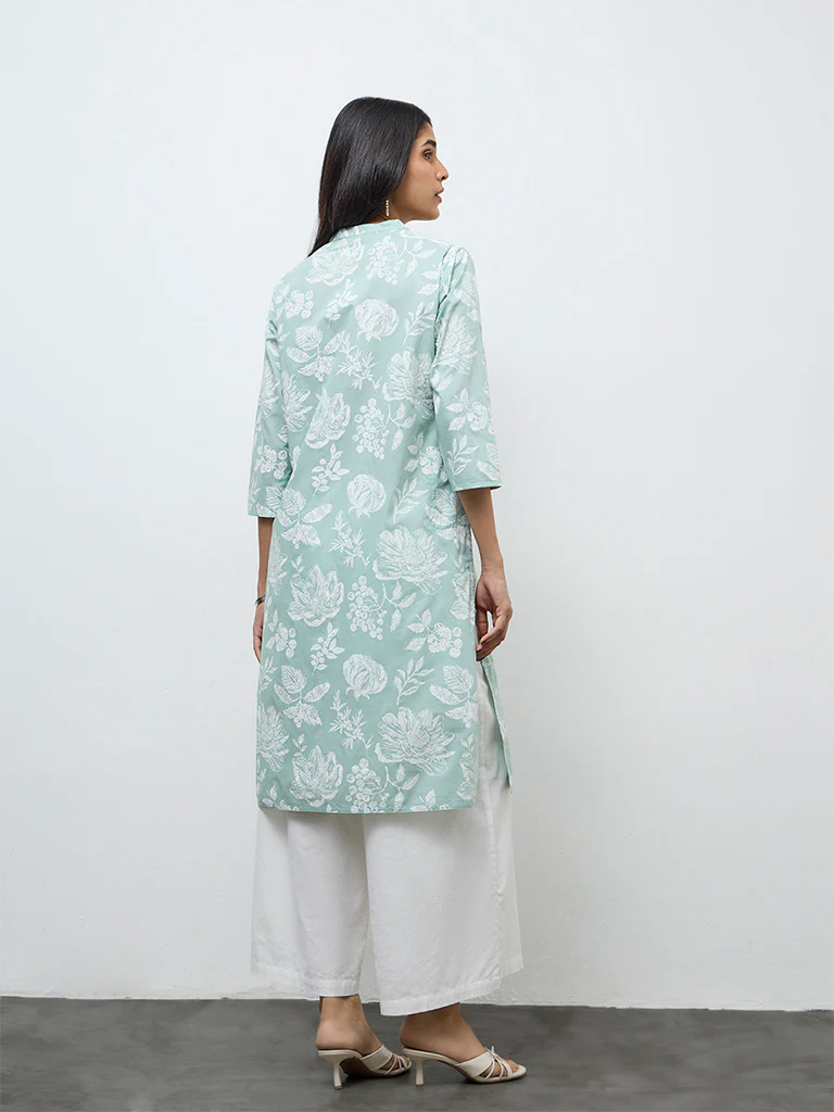 Utsa Sage Floral Printed Cotton Straight Kurta - Image 4