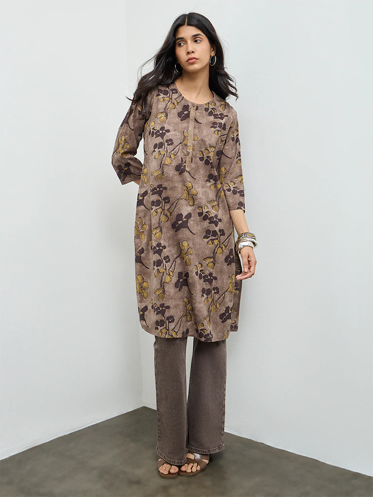 Utsa Taupe Batik Leaf Design Cotton Straight Kurta