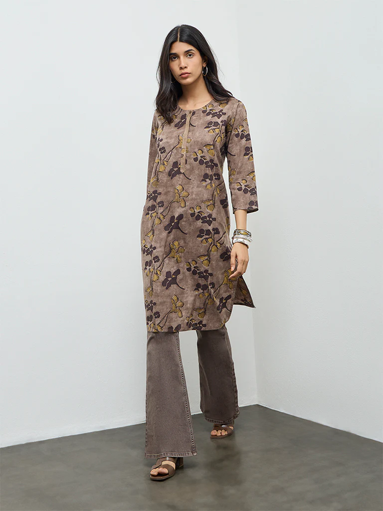 Utsa Taupe Batik Leaf Design Cotton Straight Kurta - Image 2
