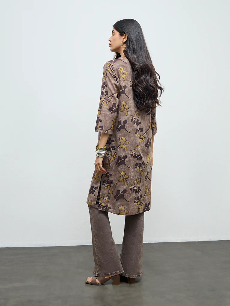 Utsa Taupe Batik Leaf Design Cotton Straight Kurta - Image 4