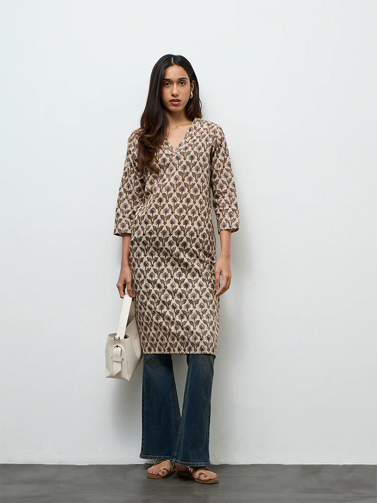 Utsa Taupe Botanical Butta Printed Cotton Straight Kurta