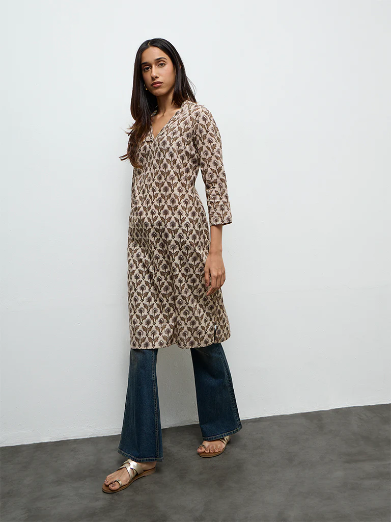 Utsa Taupe Botanical Butta Printed Cotton Straight Kurta - Image 2