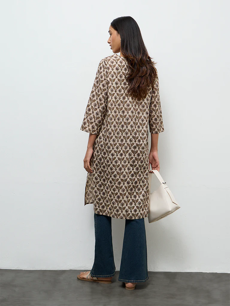 Utsa Taupe Botanical Butta Printed Cotton Straight Kurta - Image 4