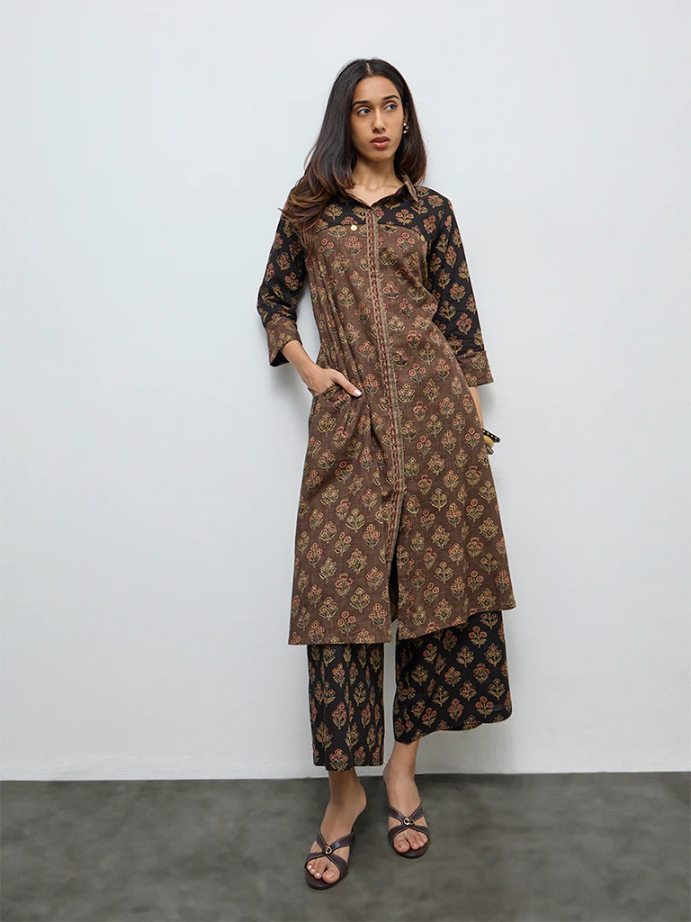 Utsa Taupe Botanical Design Cotton A-Line Kurta