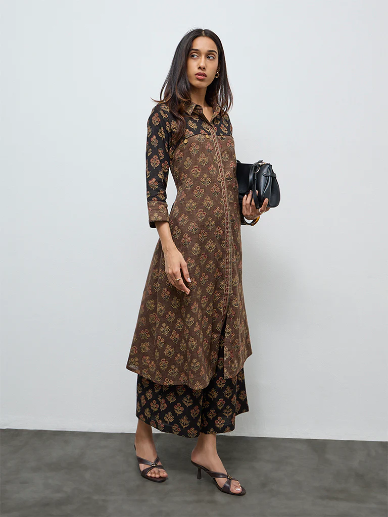 Utsa Taupe Botanical Design Cotton A-Line Kurta - Image 2
