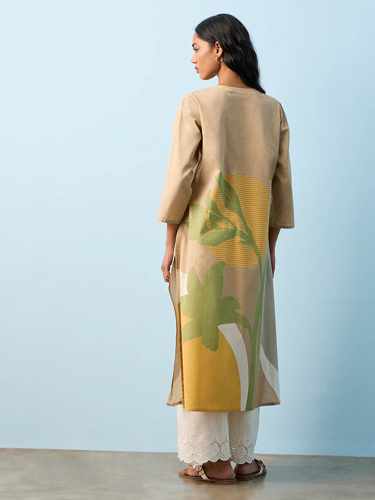 Utsa Taupe Botanical Printed Cotton-Blend A-Line Kurta - Image 4