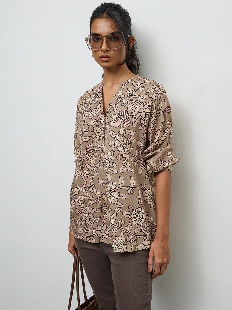 Utsa Taupe Botanical Printed Tunic